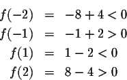 \begin{eqnarray*}f(-2)&=&-8+4<0\\
f(-1)&=&-1+2>0\\
f(1)&=&1-2<0\\
f(2)&=&8-4>0
\end{eqnarray*}