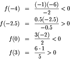 \begin{eqnarray*}f(-4)&=&\frac{(-1)(-6)}{-2}<0\\
f(-2.5)&=&\frac{0.5(-2.5)}{-0.5}>0\\
f(0)&=&\frac{3(-2)}{2}<0\\
f(3)&=&\frac{6\cdot 1}{5}>0
\end{eqnarray*}
