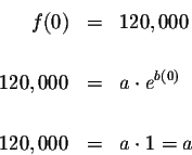 \begin{eqnarray*}f(0) &=&120,000 \\
&& \\
120,000 &=&a\cdot e^{b\left( 0\right) } \\
&& \\
120,000 &=&a\cdot 1=a
\end{eqnarray*}