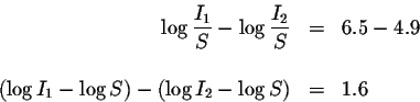 \begin{eqnarray*}\log \displaystyle \frac{I_{1}}{S}-\log \displaystyle \frac{I_{...
...\log I_{1}-\log S\right) -\left( \log I_{2}-\log S\right) &=&1.6
\end{eqnarray*}