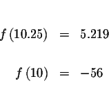 \begin{eqnarray*}&& \\
f\left( 10.25\right) &=&5.219 \\
&& \\
f\left( 10\right) &=&-56 \\
&&
\end{eqnarray*}