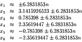 \begin{displaymath}\begin{array}{rclll}
x_{1} &\approx &\pm 6.2831853n \\
x_{2}...
...n \\
x_{6} &\approx &-2.35619447\pm 6.2831853n \\
\end{array}\end{displaymath}