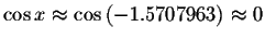 $\cos x\approx \cos \left( -1.5707963\right) \approx
0 $