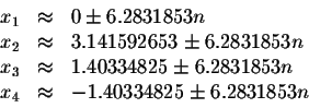 \begin{displaymath}\begin{array}{rclll}
x_{1} &\approx &0\pm 6.2831853n \\
x_{2...
...n \\
x_{4} &\approx &-1.40334825\pm 6.2831853n \\
\end{array}\end{displaymath}