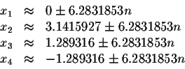 \begin{displaymath}\begin{array}{rclll}
x_{1} &\approx &0\pm 6.2831853n \\
x_{2...
...53n \\
x_{4} &\approx &-1.289316\pm 6.2831853n \\
\end{array}\end{displaymath}