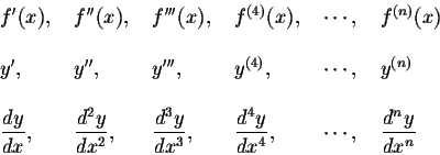 \begin{displaymath}\begin{array}{llllllll}
f'(x), &\; f''(x), &\; f'''(x), &\; f...
... &\; \cdots, &\;\displaystyle \frac{d^ny}{dx^n} \\
\end{array}\end{displaymath}