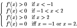 \begin{displaymath}\left\{\begin{array}{llll}
f'(x) > 0 &\mbox{if $x < -1$}\\
f...
...
f'(x) = 0 &\mbox{iff $x = -1$ or $x=2$}.\\
\end{array}\right.\end{displaymath}