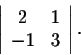 \begin{displaymath}\left\vert\begin{array}{cc}
2&1\\
-1&3\\
\end{array}\right\vert.\end{displaymath}