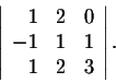 \begin{displaymath}\left\vert\begin{array}{rrr}
1&2&0\\
-1&1&1\\
1&2&3\\
\end{array}\right\vert.\end{displaymath}