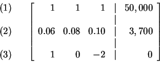 \begin{eqnarray*}&& \\
&&
\begin{array}{r}
(1) \\
\\
(2) \\
\\
(3)
...
...t & \\
x & & & & -2 & \vert & 0
\end{array}
\right] \\
&&
\end{eqnarray*}