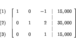 \begin{eqnarray*}&& \\
&&
\begin{array}{r}
(1) \\
\\
(2) \\
\\
(3)
...
...
0 & & 0 & & 1 & \vert & 15,000
\end{array}
\right] \\
&&
\end{eqnarray*}