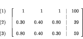 \begin{eqnarray*}&& \\
&&
\begin{array}{r}
(1) \\
\\
(2) \\
\\
(3)
...
...80 & & 0.40 & & 0.30 & \vert & 59
\end{array}
\right] \\
&&
\end{eqnarray*}