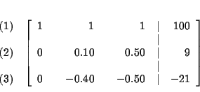 \begin{eqnarray*}&& \\
&&
\begin{array}{r}
(1) \\
\\
(2) \\
\\
(3)
...
...& & -0.40 & & -0.50 & \vert & -21
\end{array}
\right] \\
&&
\end{eqnarray*}