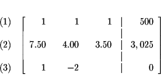 \begin{eqnarray*}&& \\
&&
\begin{array}{r}
(1) \\
\\
(2) \\
\\
(3)
...
...t & \\
1 & & -2 & & & \vert & 0
\end{array}
\right] \\
&&
\end{eqnarray*}