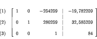 \begin{eqnarray*}&& \\
&&
\begin{array}{r}
(1) \\
\\
(2) \\
\\
(3)
...
...& \\
0 & & 0 & & 1 & \vert & 84
\end{array}
\right] \\
&&
\end{eqnarray*}