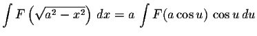 $\displaystyle \int F\left( \displaystyle\sqrt{a^{2}-x^{2}}\right)\,dx = a\,\displaystyle \int F(a \cos u)\,\cos u\,du$